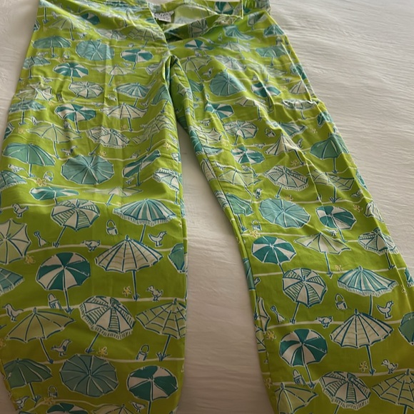 Lilly Pulitzer Lime and Teal Umbrella Print summer pants. - Picture 2 of 5